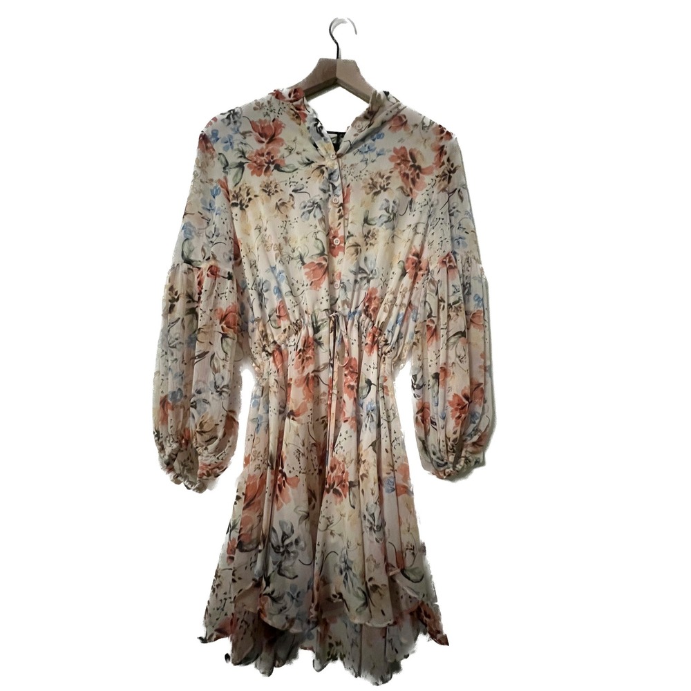 VICI Floral Balloon Sleeve Ruffle Mini Dress Cream Orange Blue Medium